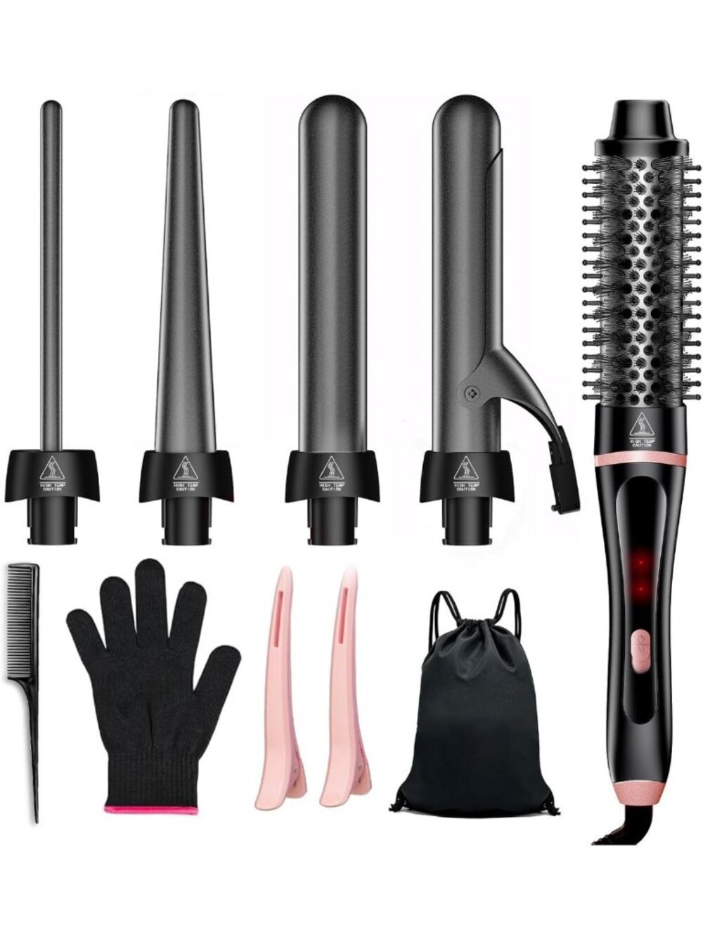 5-in-1 Curling Iron Set, Fast Heat Thermal Brush with 4 Ceramic Barrels